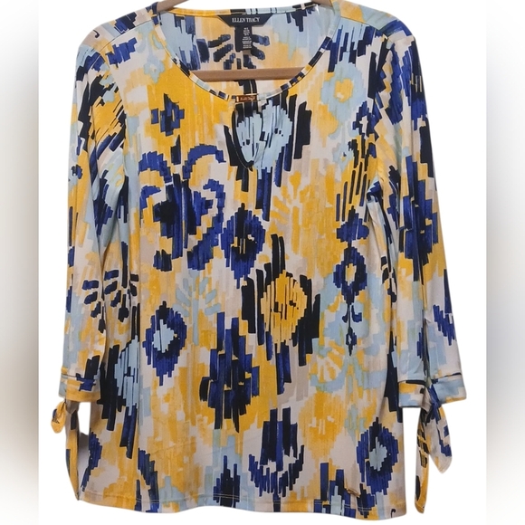 Ellen Tracy - NWT, Multi Colored Blouse, Gold Logo In Round Neck, 3/4 Sleeve W/ - Picture 3 of 11